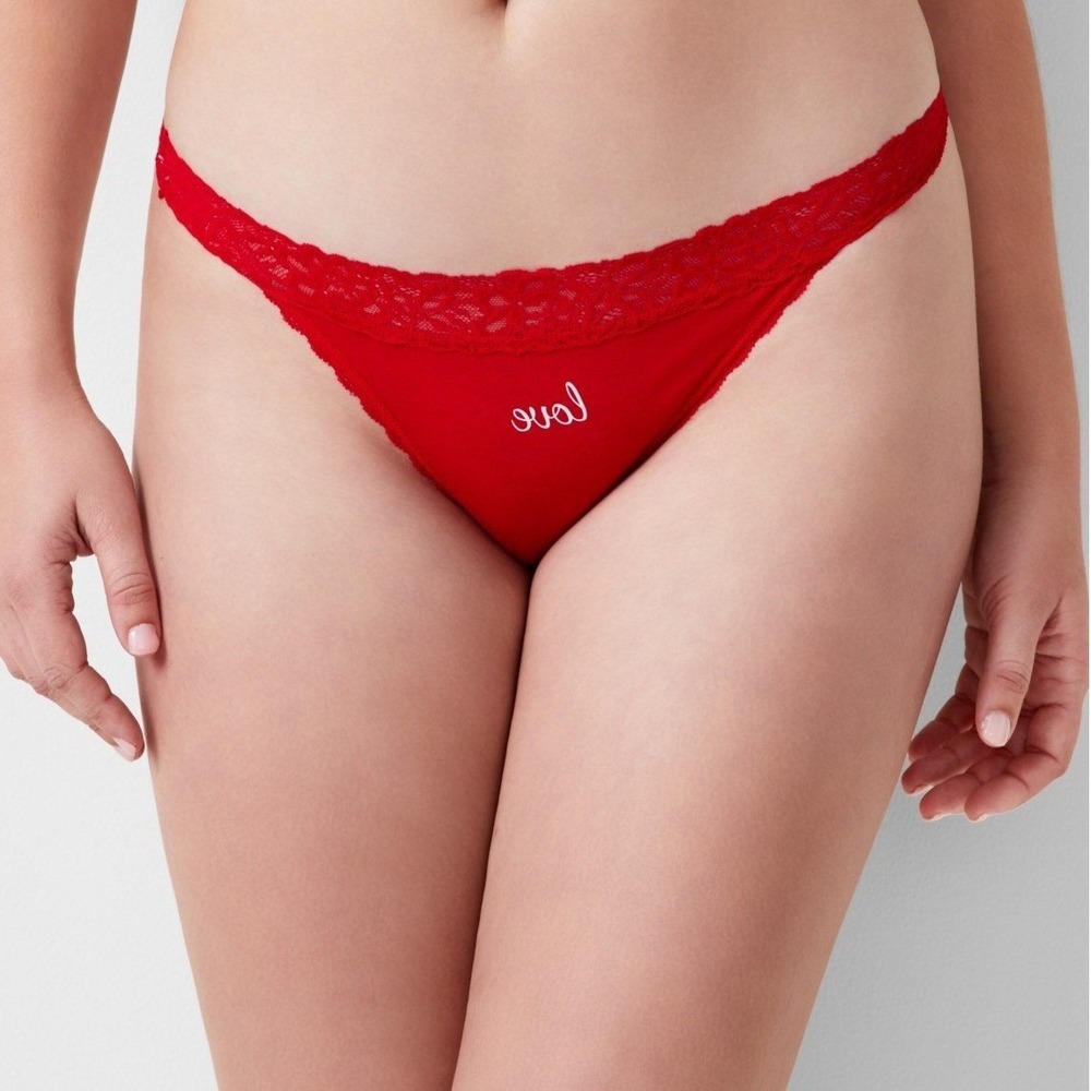 State of Day Women Lace Thong Panty Red XL Love Script Underwear NWT